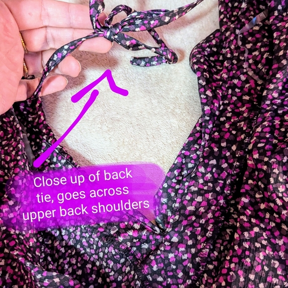 Reitmans XSmall BNWT, V-neck purple black pattern, pouf sleeve blouse - Picture 16 of 16